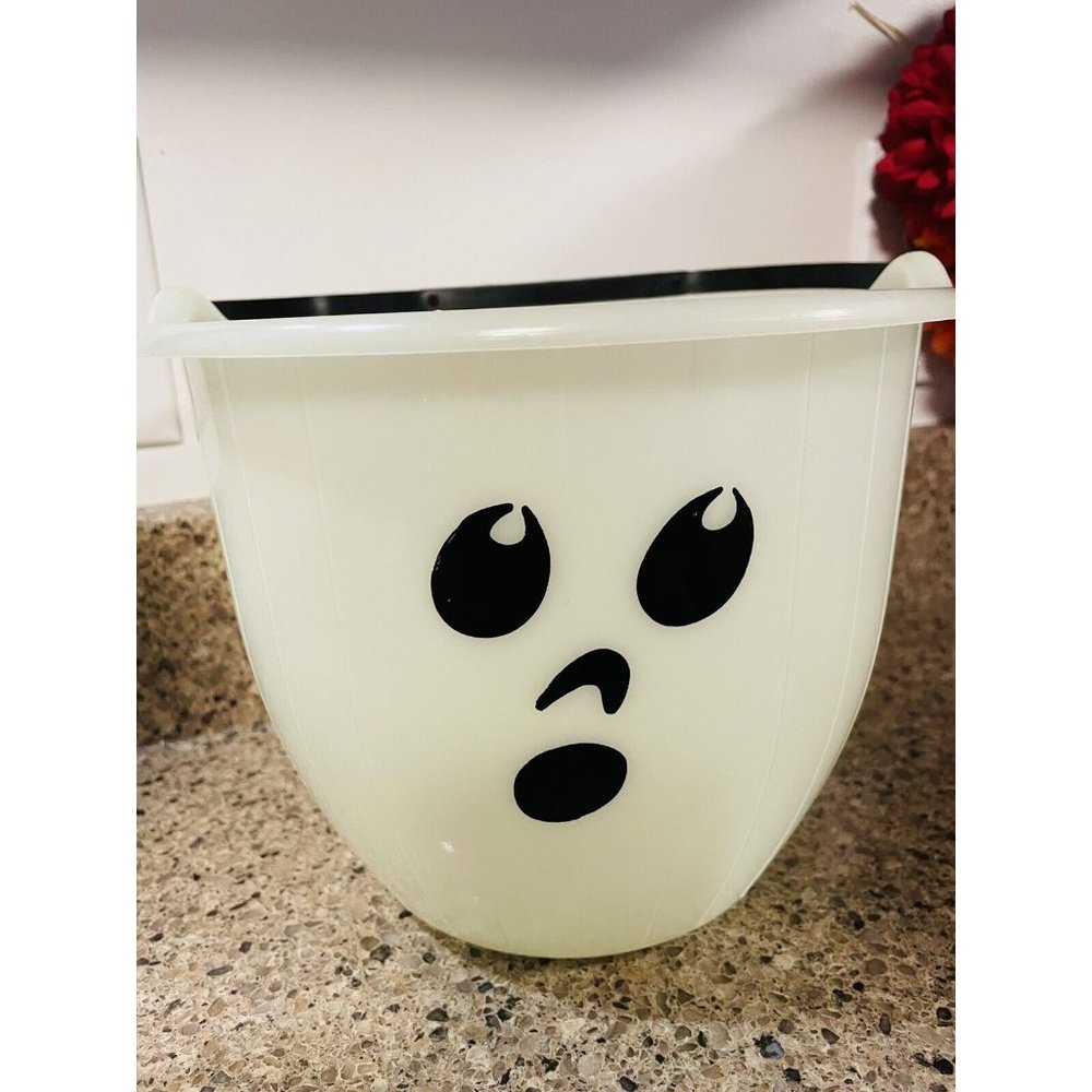 Halloween Trick Or Treat Pail Ghost White Green Glow in the Dark Candy Bucket